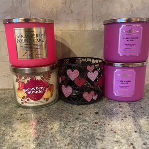 Bath & Body Works 3 - Piece Set - TWO 3-Wick Candles & Holder -Valentines-